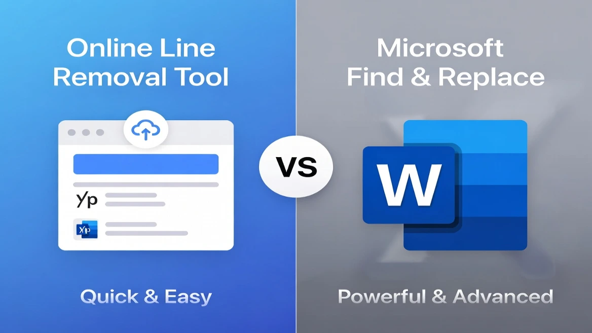 Split screen comparison showing online line break removal tool interface versus Microsoft Word Find and Replace dialog for text formatting
