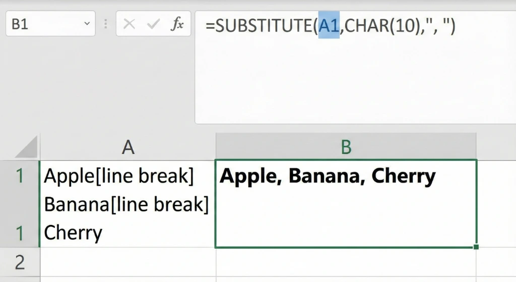 SUBSTITUTE function formula syntax for removing line breaks in Excel