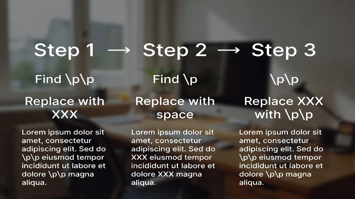 Three-step flowchart diagram for preserving paragraph breaks while removing line breaks in Word documents
