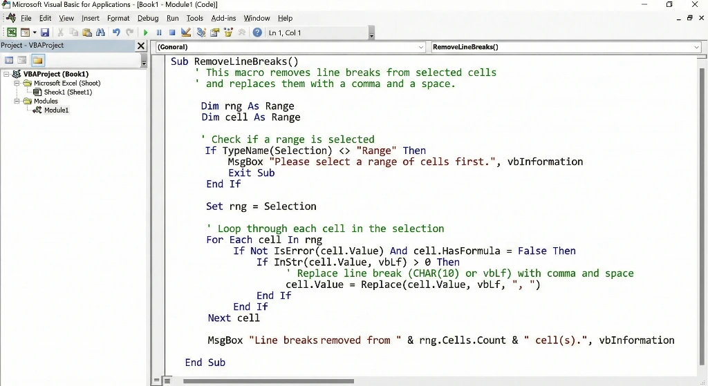 VBA macro code for automated line break removal in Excel